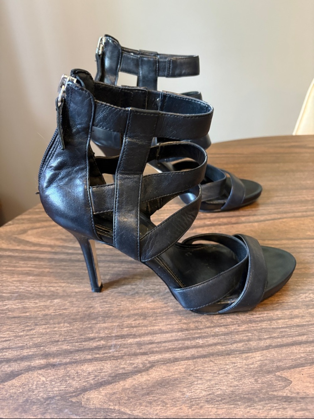 White House Black Market WHBM Size 7 Alina Black Leather Banded Cage Heel